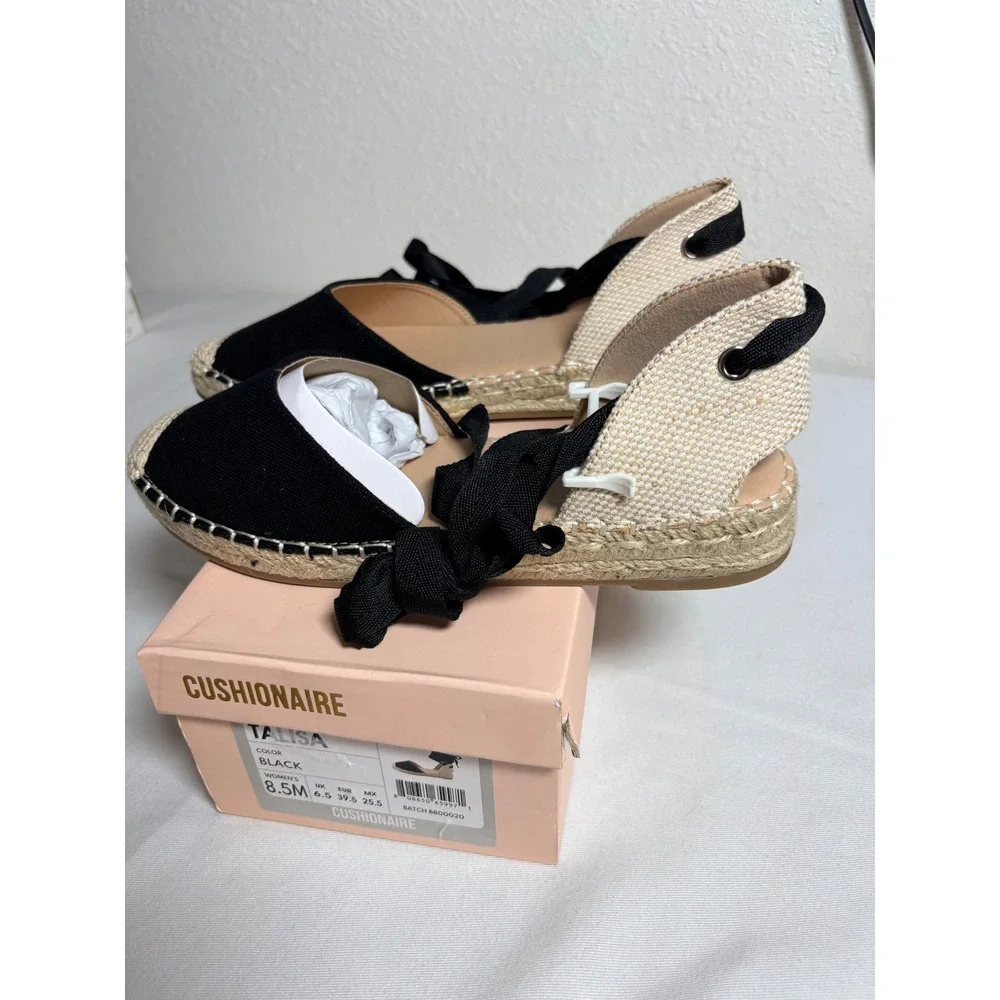 Cushionaire Talisa Espadrille Flats 8.5 Black New Lace Up Canvas Jute Ribbon